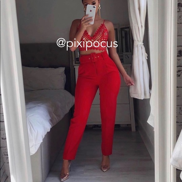 NWT ZARA BELTED HIGH WAISTED PANTS RED - Picture 9 of 16